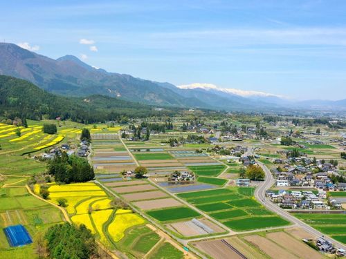 北アルプスの山並みと田畑のある景観