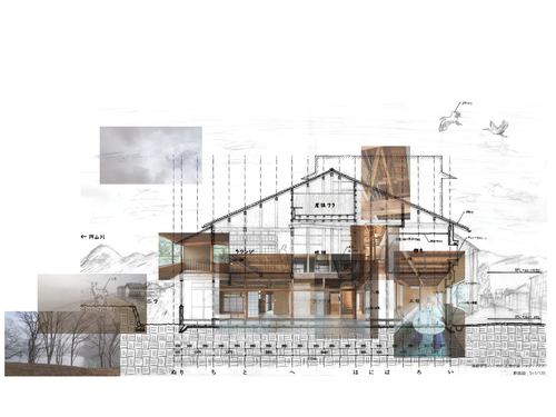 改修した「芝居小屋シェアハウス」の手書き断面図と写真のコラージュ。