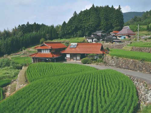 石州瓦の赤い屋根が特徴的な山口の里山風景