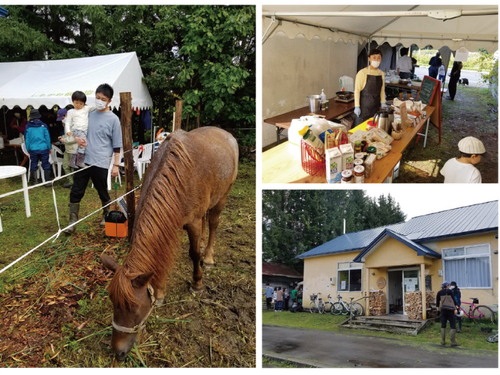 一の橋地区に移住した木工作家さんが仲間を集めて開催するイベント「Hanacafe」。町内に暮らしている道産子馬のハナちゃんが出迎えてくれる。