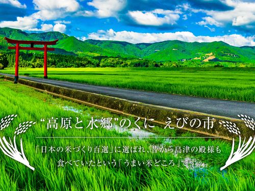 米どころえびの市の水田と菅原神社